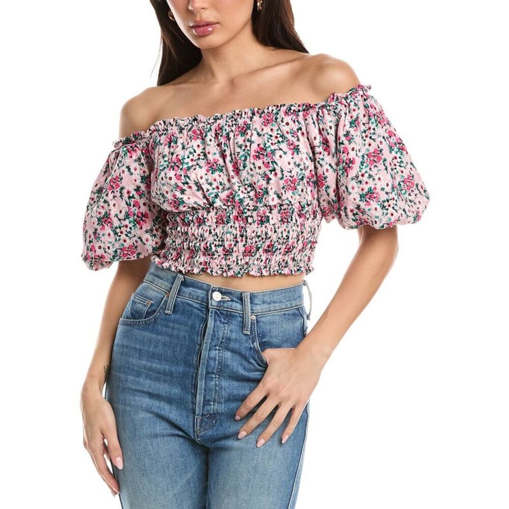 Afrm Womens  Mandy Off-The-Shoulder Smocking Woven Top, Pink